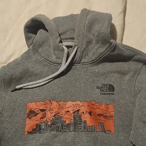 The North Face Gray Hoodie with Orange Mountain Graphic Mens Xs